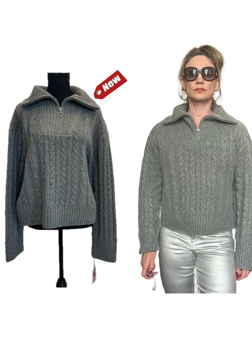 Sincerely Jules gray soft cable knit Quarter Zip high neck sweater XL NWT